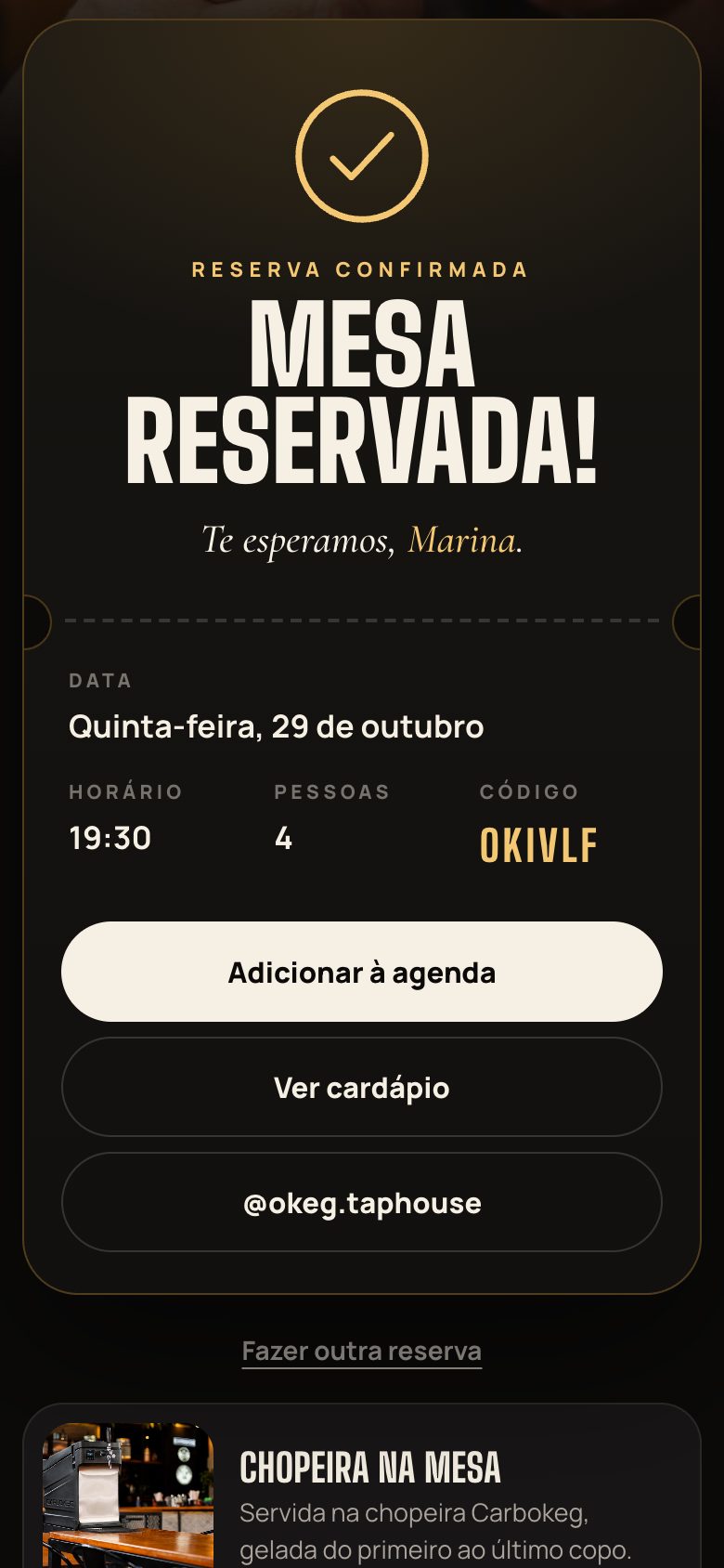 Reserva confirmada com data, horário, pessoas e código